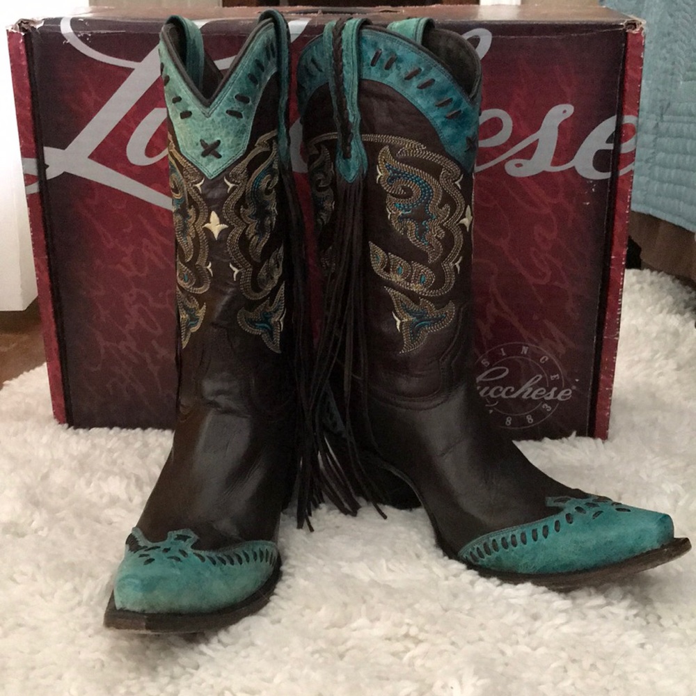 Lucchese M5022 brown and turquoise boots.